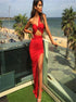 One Shoulder Red Satin Prom Dress with Slit LBQ0841